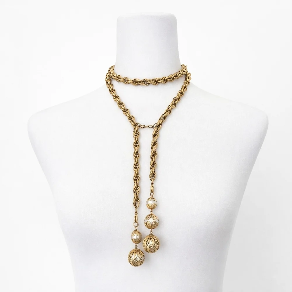 Vintage PARK LANE Lariat Rope Chain Tassel Faux Pearl Statement Necklace Gold - Picture 3 of 9